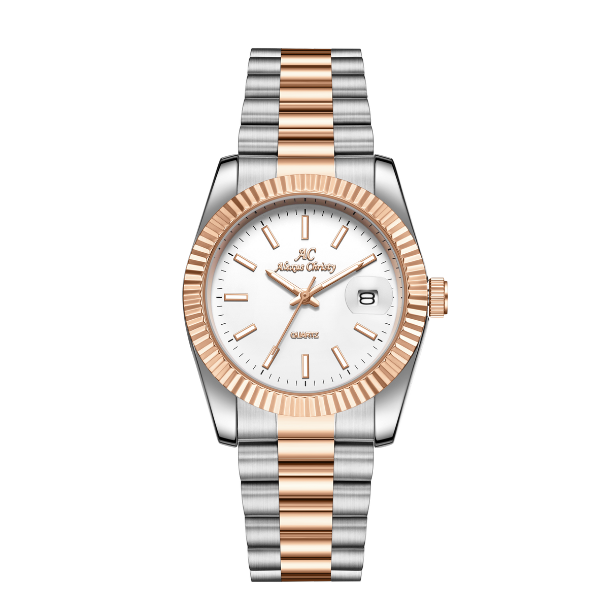 Elegant Unisex Classic Date Display Watch Two-Tone Rosegold White