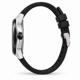 A side profile view of a smartwatch with a black textured silicone strap and a silver metallic case on a white background.