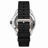 AC Brand automatic watch shown from the back, featuring a silver stainless steel case and a black textured silicone strap.