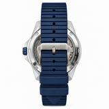 The back view of a watch featuring a dark blue ribbed silicone strap and a silver stainless steel case, with the movement visible through the case back.