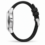 Side profile of a watch with a polished silver-tone case and a black textured rubber strap, shown on a clean white background.