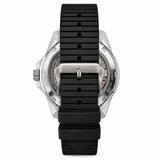 Back view of a silver stainless steel watch with a black textured silicone strap, featuring a silver buckle and visible inner movement details.