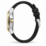 Side profile of a watch with a black textured strap, silver-toned case, and gold-toned bezel and crown, shown on a white background.