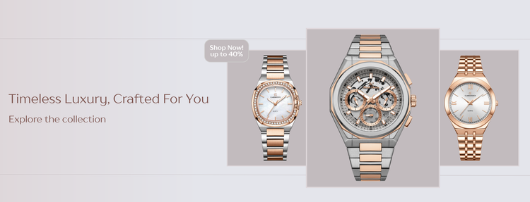 Three watches on display with a promotional message about timelessness and luxury.