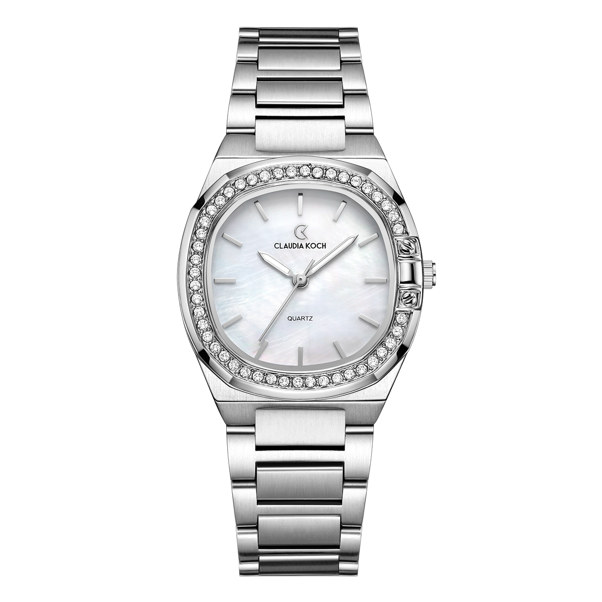 Luxury Women’s Watch with Curved Square Dial & Stone Accents Silver