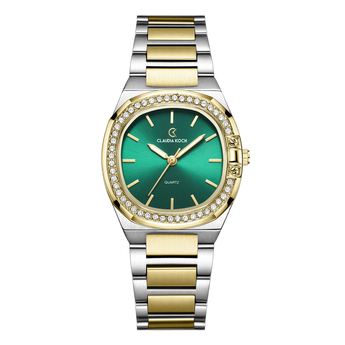 Luxury Women’s Watch with Curved Square Dial & Stone Accents Two-Tone Gold Green