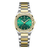 Luxury Women’s Watch with Curved Square Dial & Stone Accents Two-Tone Gold Green