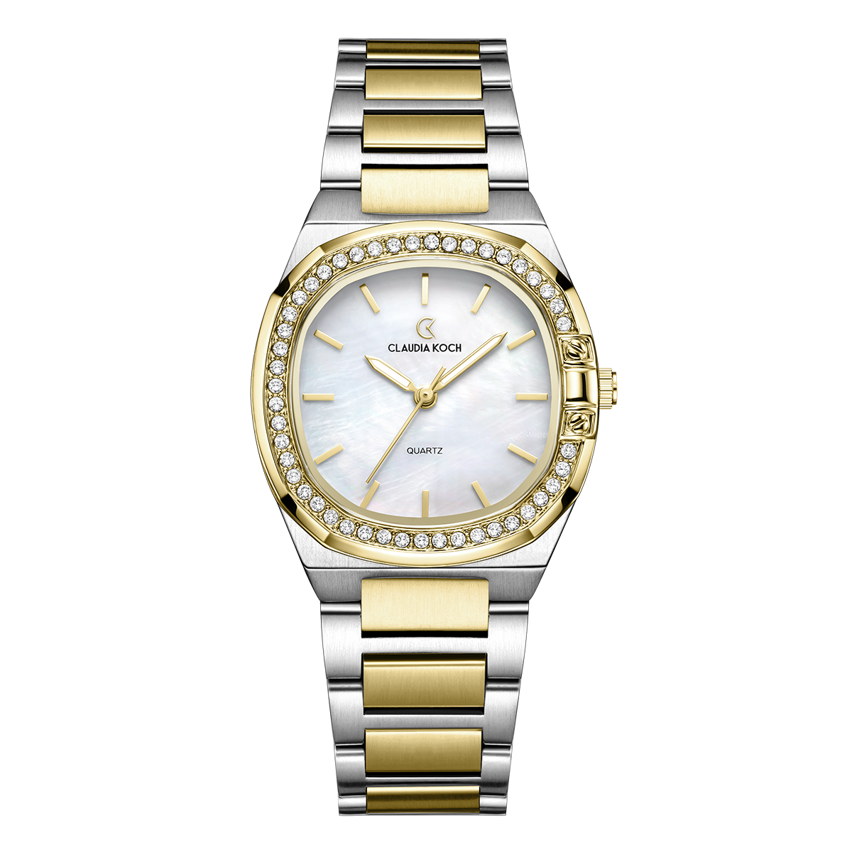 Luxury Women’s Watch with Curved Square Dial & Stone Accents Two-Tone Gold