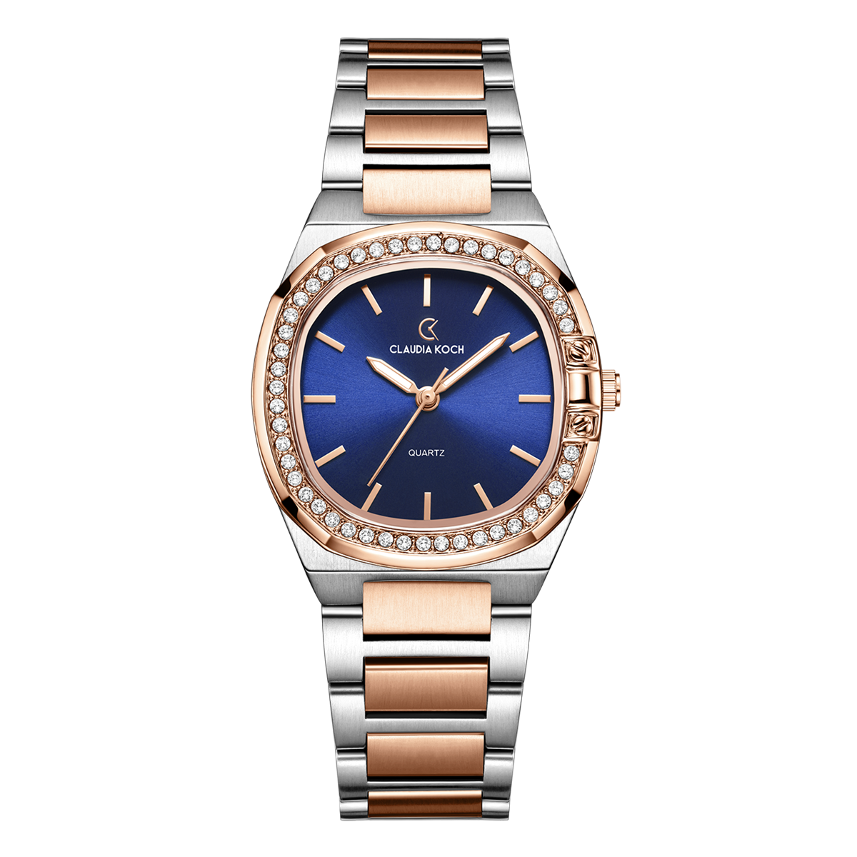 Luxury Women’s Watch with Curved Square Dial & Stone Accents Two-Tone Rosegold Blue