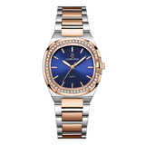 Luxury Women’s Watch with Curved Square Dial & Stone Accents Two-Tone Rosegold Blue