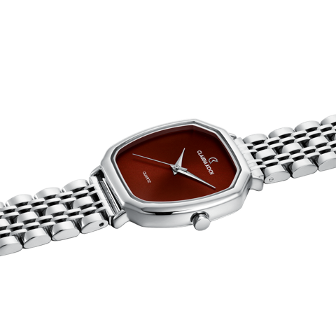 Elegant Quartz Silver Watch for Women with Wine Red Dial