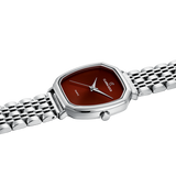 Elegant Quartz Silver Watch for Women with Wine Red Dial