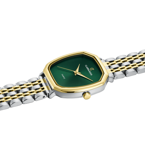 Elegant Quartz Two-Tone Women’s Watch with Emerald Green Dial