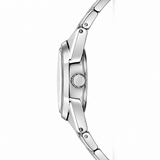 Close-up side profile of a silver stainless steel watch with a matching metal link bracelet, featuring a textured crown, set against a plain white background.