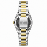 A two-tone stainless steel and gold wristwatch shown from the back, featuring a matching metal link bracelet with polished gold and silver links, a silver case back, and a gold crown.