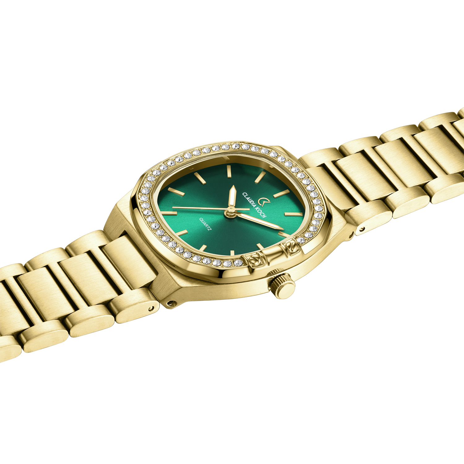 Luxury Women’s Watch with Curved Square Dial & Stone Accents Goldgreen