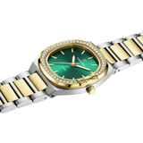 Luxury Women’s Watch with Curved Square Dial & Stone Accents Two-Tone Gold Green