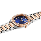 Luxury Women’s Watch with Curved Square Dial & Stone Accents Two-Tone Rosegold Blue