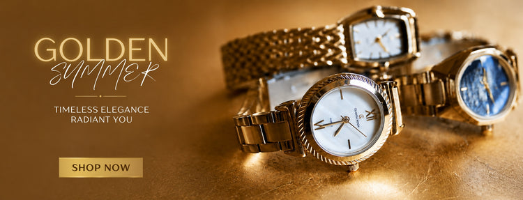 Three gold watches on a reflective gold surface with 'Golden Summer' text and 'Shop Now' button.