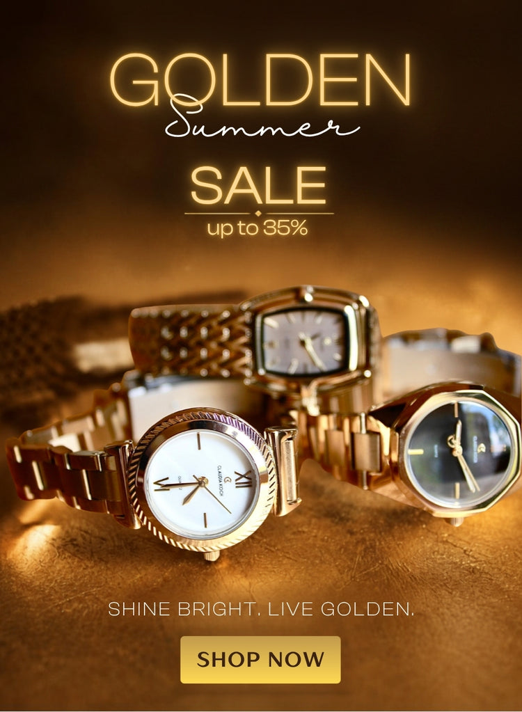 Promotional banner for a Golden Summer Sale featuring three gold-tone wristwatches on a warm golden-brown background with text reading 'GOLDEN Summer SALE up to 35%' and 'SHOP NOW'.
