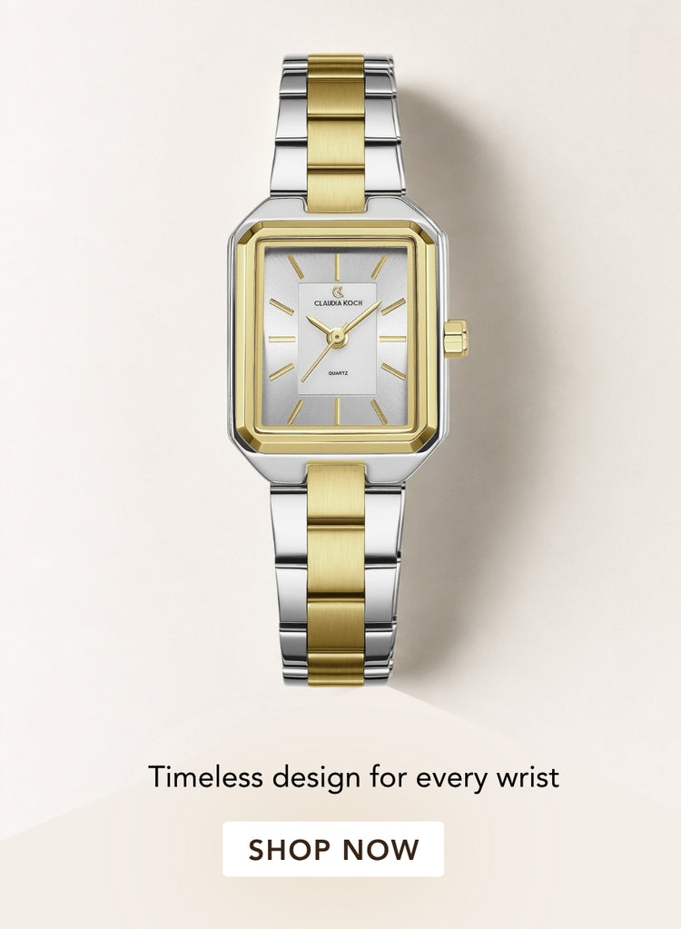 A two-tone rectangular analog watch with a silver and gold-tone metal bracelet, a gold-tone bezel, and a white dial. The brand name 'Claudia Koch' is visible on the dial.
