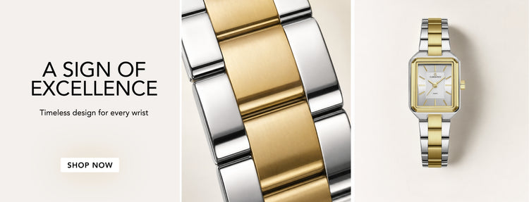 A two-tone wristwatch shown in a promotional layout: a close-up of the metal bracelet on the left and the full watch on the right. The watch has a silver and gold-tone link bracelet with a rectangular gold-tone case and a white dial.