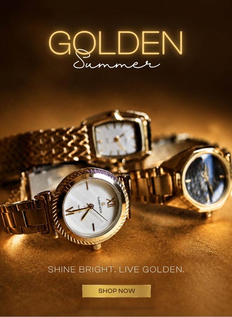 Gold watches on a dark background with 'Golden Summer' text and 'Shop Now' button.