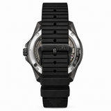 The back view of a luxury watch featuring a matte black textured silicone strap, a dark gunmetal/black stainless steel case, and a visible silver-toned automatic movement with a transparent back.